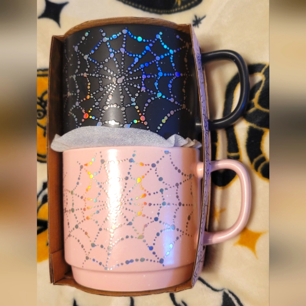 Cobwebs & Cauldrons Halloween Mugs Colorful Web Iridescent Stackable Pink Black